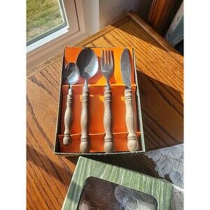 VTG Lot of 24 Rostfrei Stainless Flatware Bavaria Germany Wood Spun Handle MCM